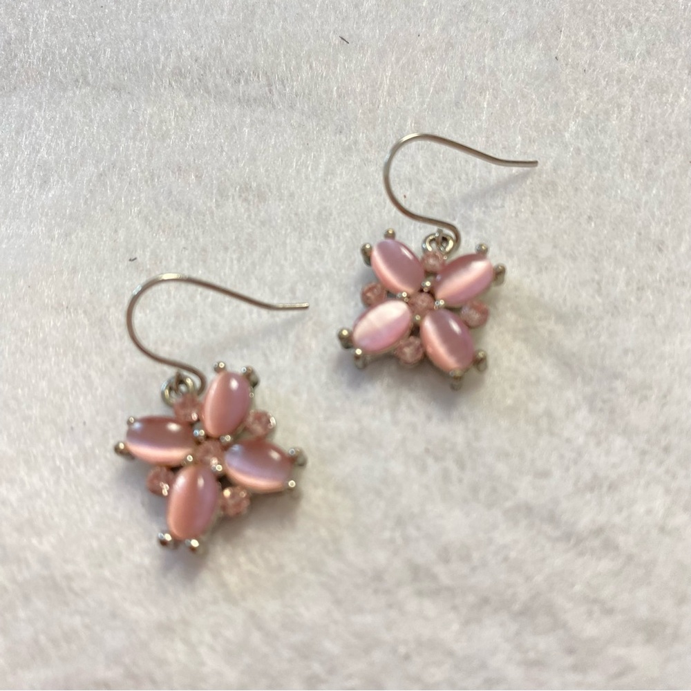Elegant Pink Floral Earrings Drop Hook Delicate Design Silver Tone